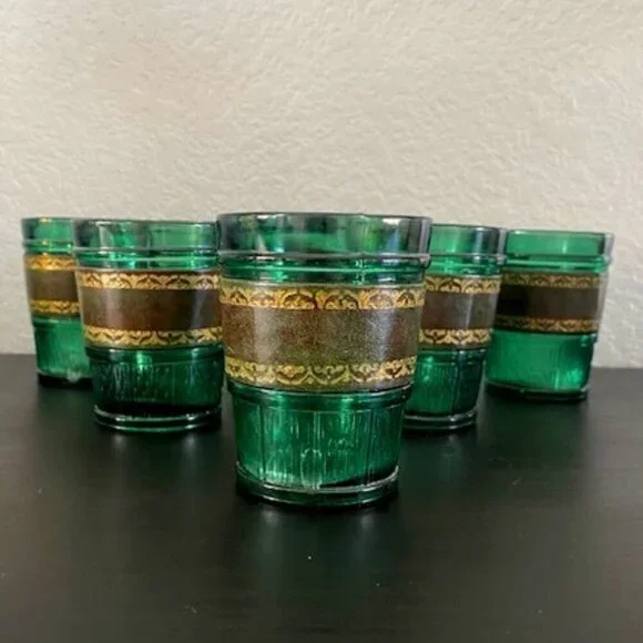 RARE! Vintage 60s MCM Emerald Green Leather Banded Tumbler Glasses Set of 6 - Picture 2 of 14